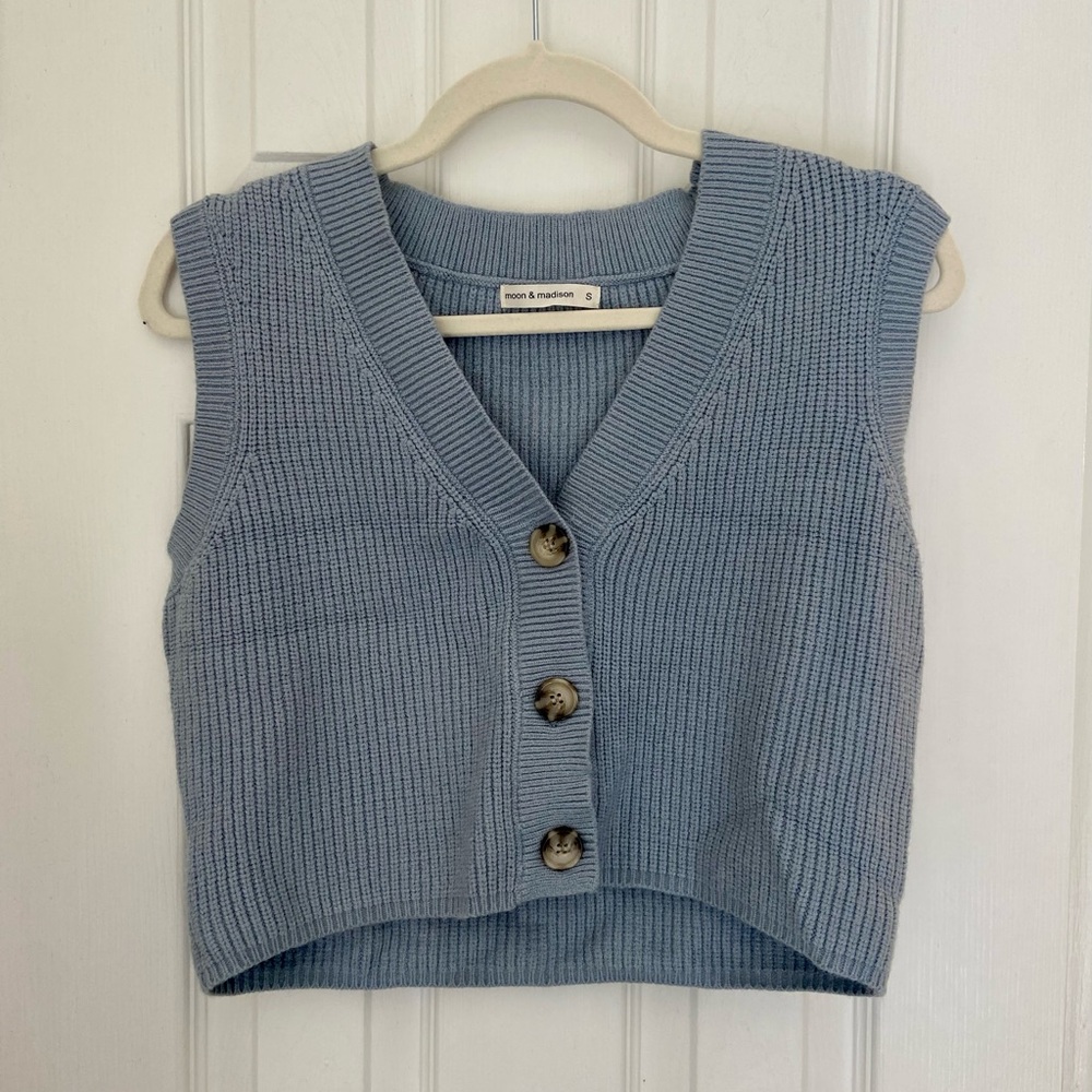 Blue Knit Button-Up Vest